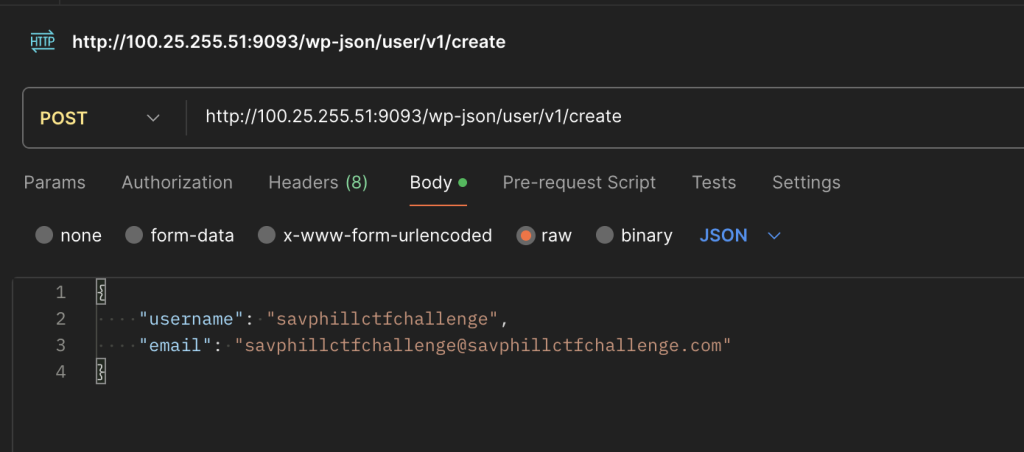 Post Request to the vulnerable WordPress endpoint to create the user